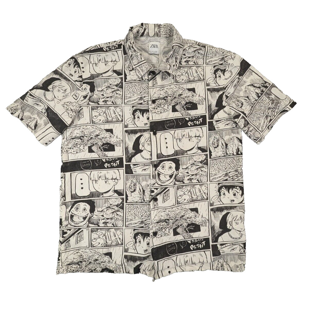 Zara Shirt Small Men's White Button Down Anime All Over Print Short Sleeve